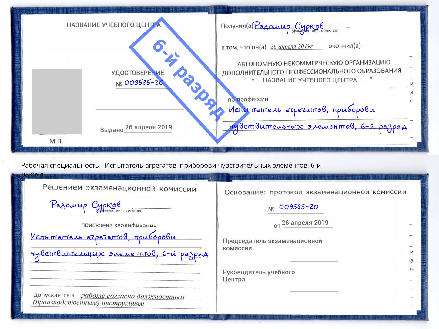 корочка 6-й разряд Испытатель агрегатов, приборови чувствительных элементов Краснокамск