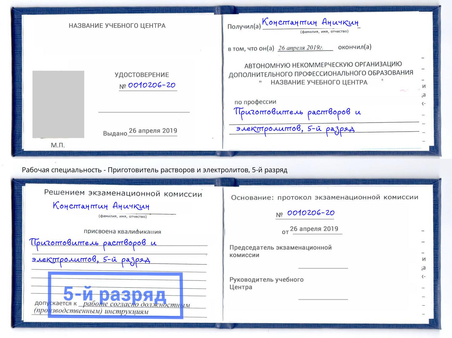 корочка 5-й разряд Приготовитель растворов и электролитов Краснокамск
