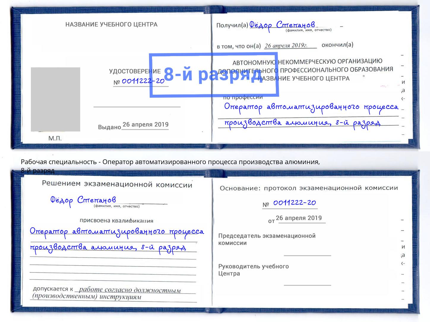 корочка 8-й разряд Оператор автоматизированного процесса производства алюминия Краснокамск