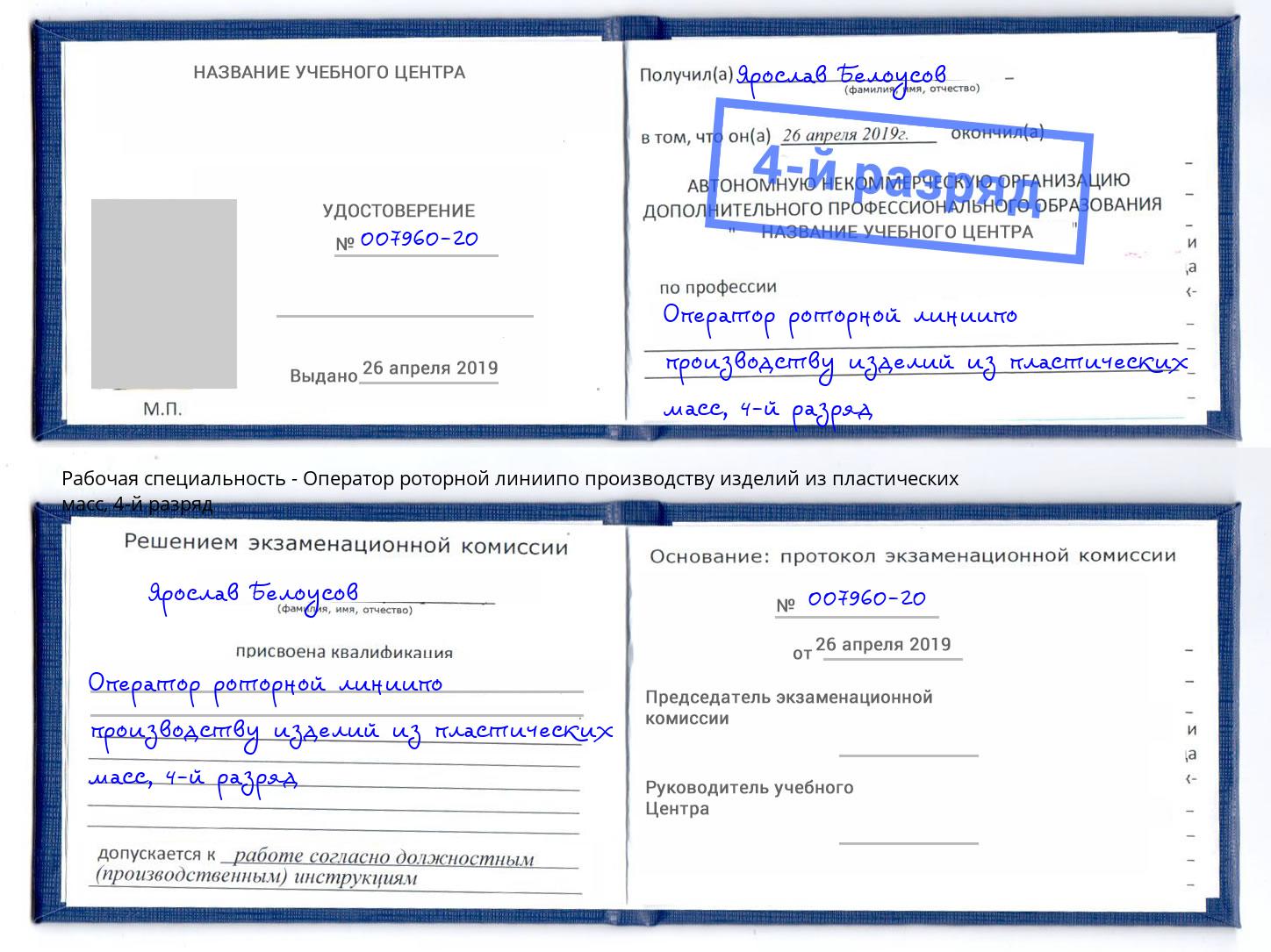 корочка 4-й разряд Оператор роторной линиипо производству изделий из пластических масс Краснокамск